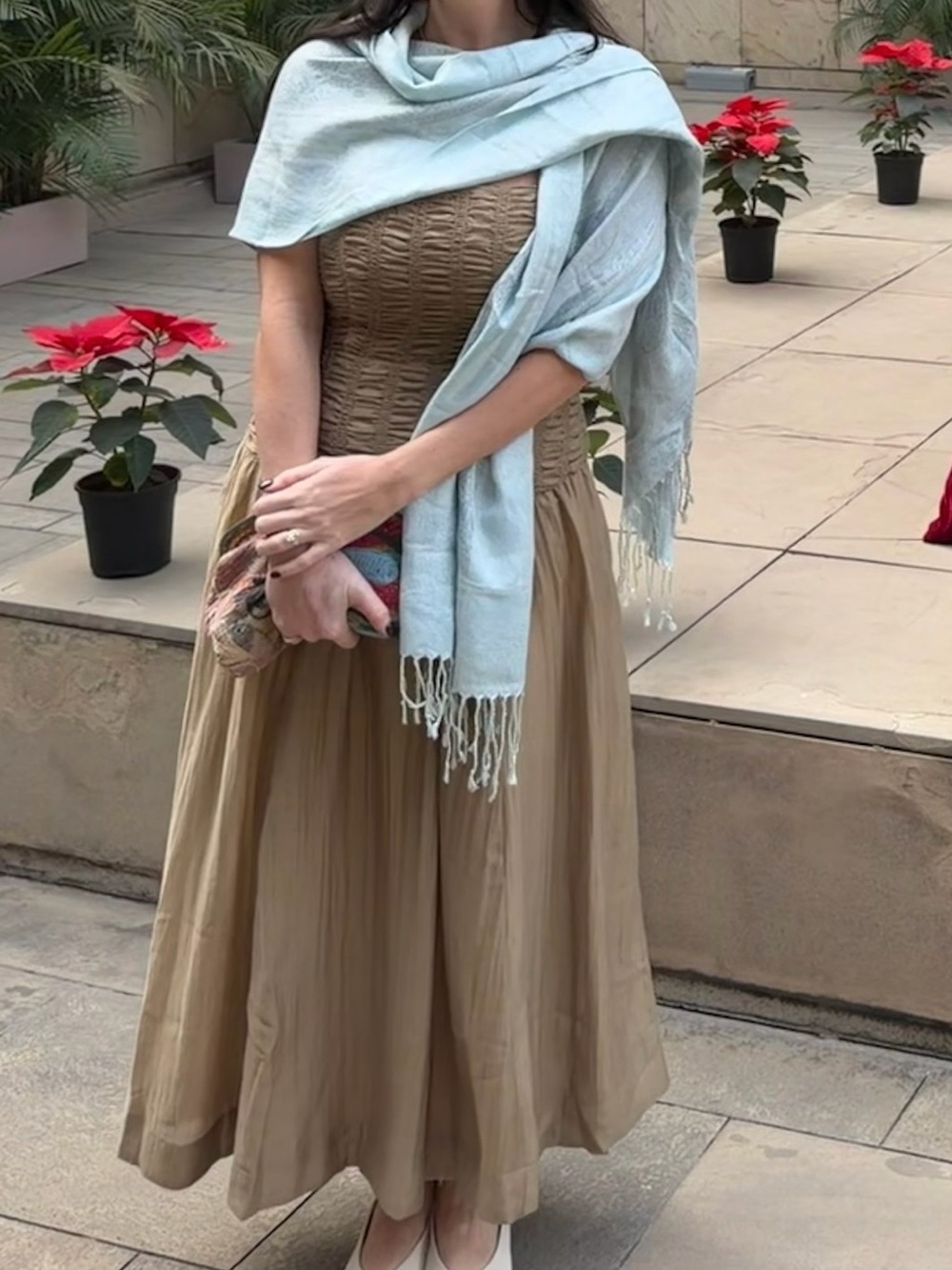 Reformation Taupe Spaghetti-Strap Smocked Midi Dress